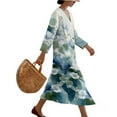thumbnail image 3 of COEQINE Bohemian Summer Dress 3/4 Sleeve Wrap V-Neck Women's Boho Midi Tunic Shift Dress, Linen Look Loose Fit, Vacation & Everyday Wear, Size 2XL, Light Blue Watercolor Floral, 3 of 6