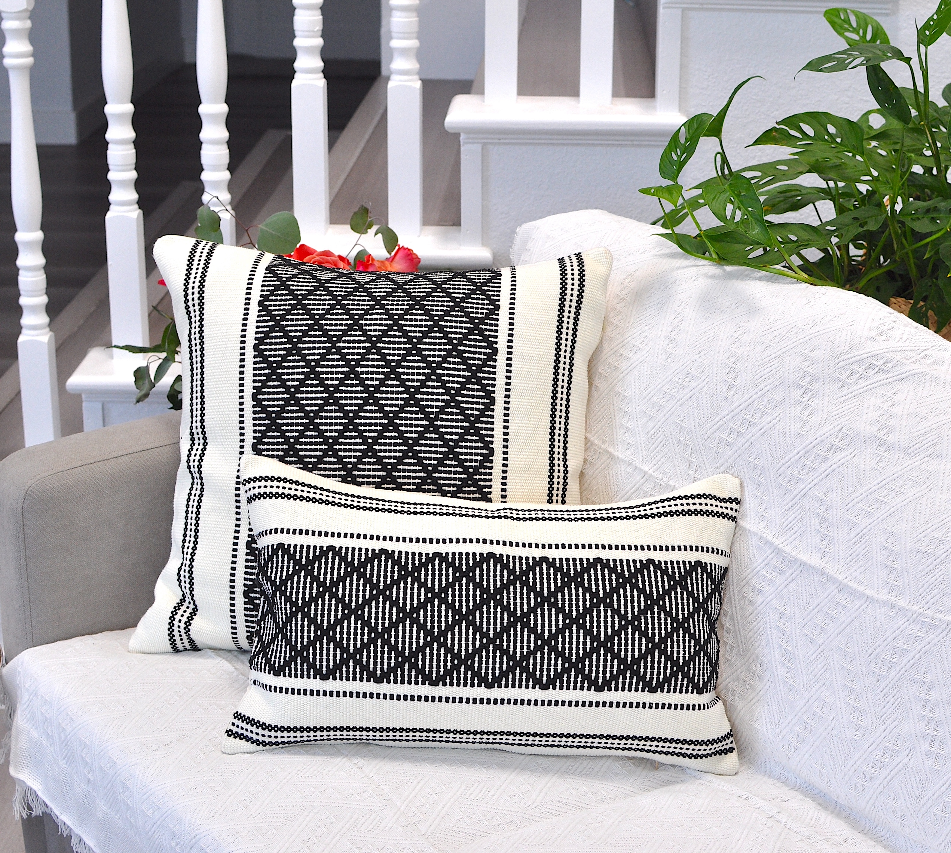 Cotton Woven Designer Lumbar Throw Pillow Covers Black and White, 12 x 20 inches | Oblong Small Rectangular Pillow Cases Set of 2