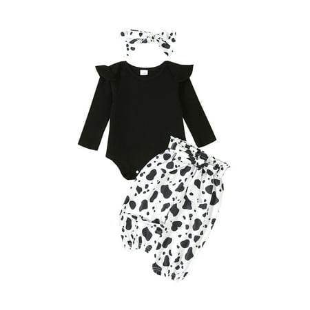 

Lesimsam Baby Girl Cow Outfit 3M 6M 12M 18M Ruffle Long Sleeve Romper Elastic Waist Pants Headband Belt 4 Piece Set for Fall Newborn Infant Clothing