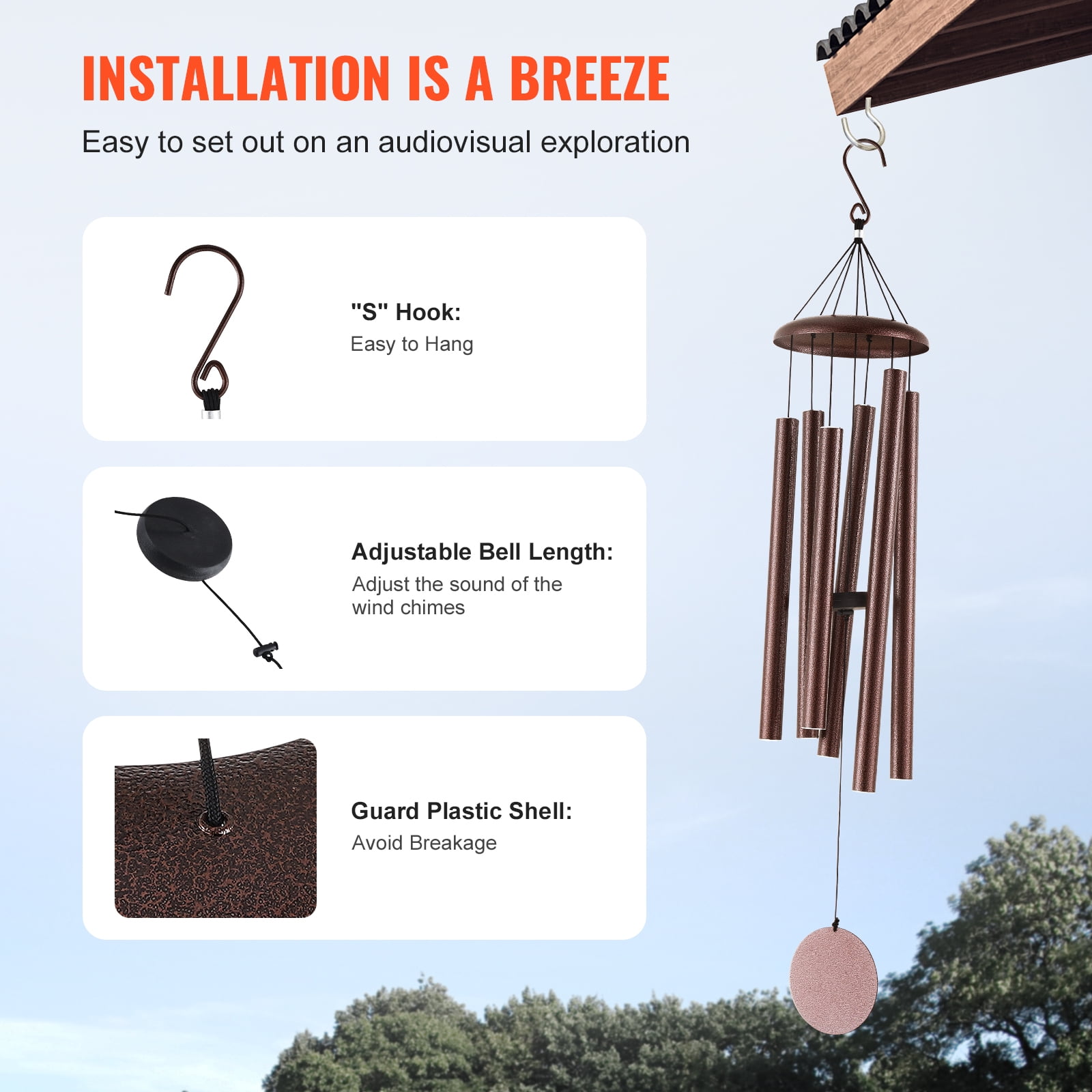 KFFKFF Outdoor Wind Chimes, 45 inches, Rich Sound Wind Chimes with 6 Tubes, Distinctive Large Commemorative Wind Chimes for Anniversary,Remarkable Exterior Decoration for Your Terrace,Backyard,Bronze