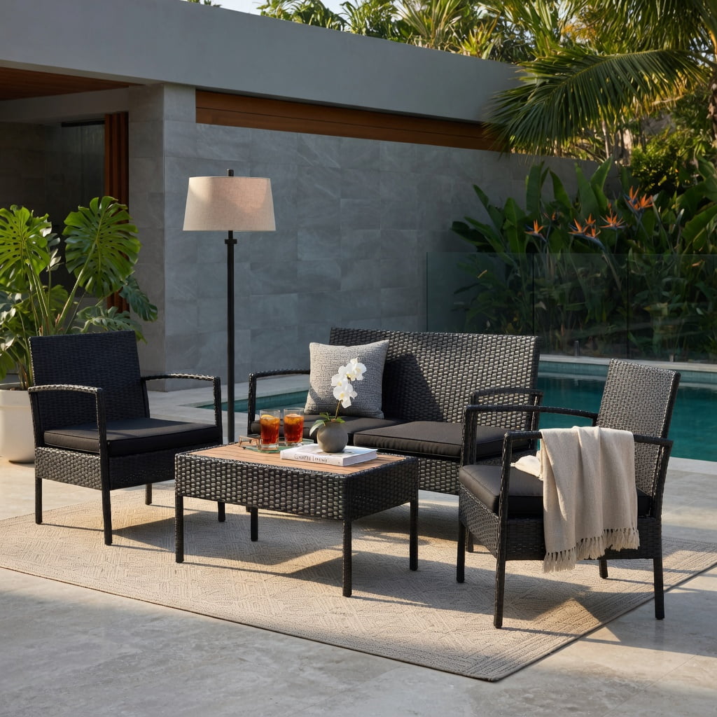Hommoo 4-Piece Outdoor Rattan Patio Furniture Set with Acacia Wood Coffee Table, Wicker Sofa & Loveseat with Removable Cushions for Backyard, Balcony, or Poolside, Black