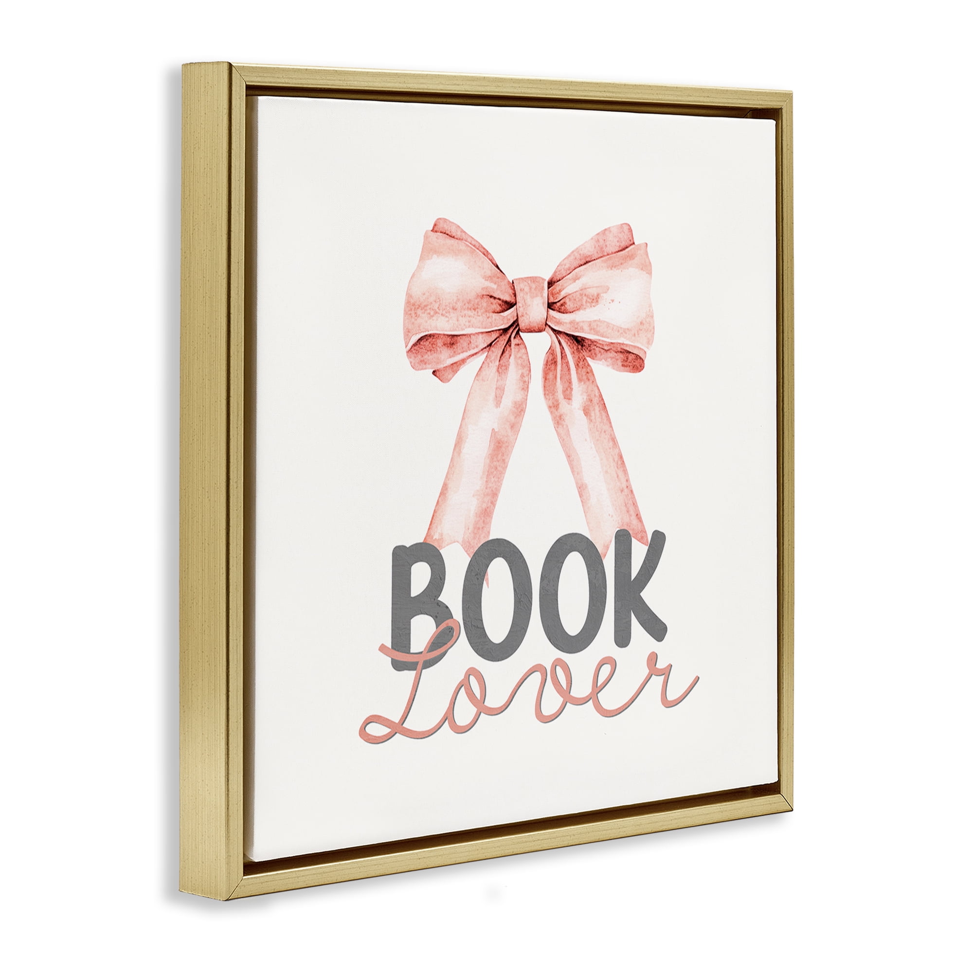 Stupell Industries Book Lover Pink Bow Gold Framed Floater Canvas Wall Art, design by Kim Allen
