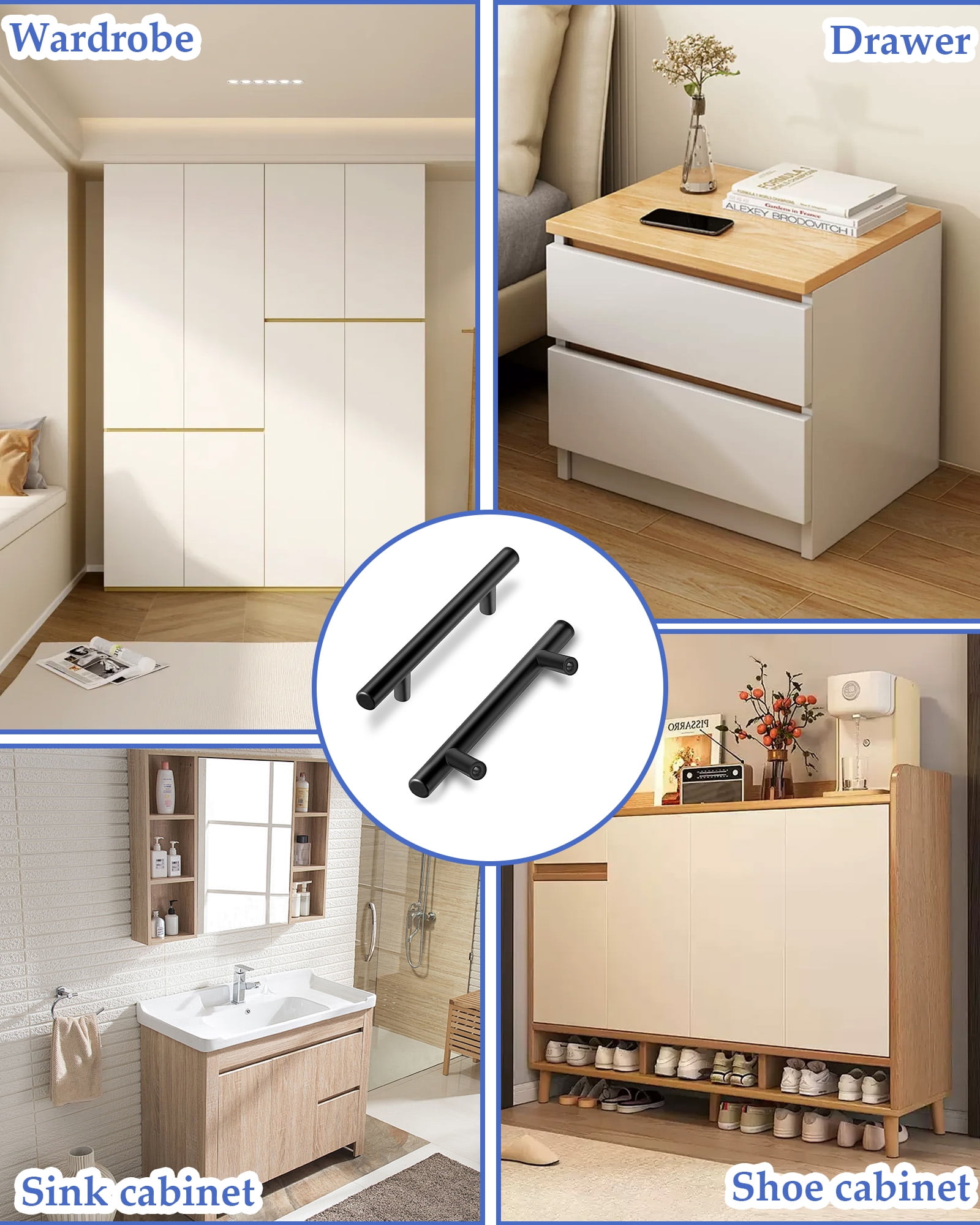 Mengshi 30 Pack Matte Black Cabinet Handles 3" Hole Centers, Stainless Steel Kitchen & Drawer Pulls for Cabinets, Cupboards & Wardrobes