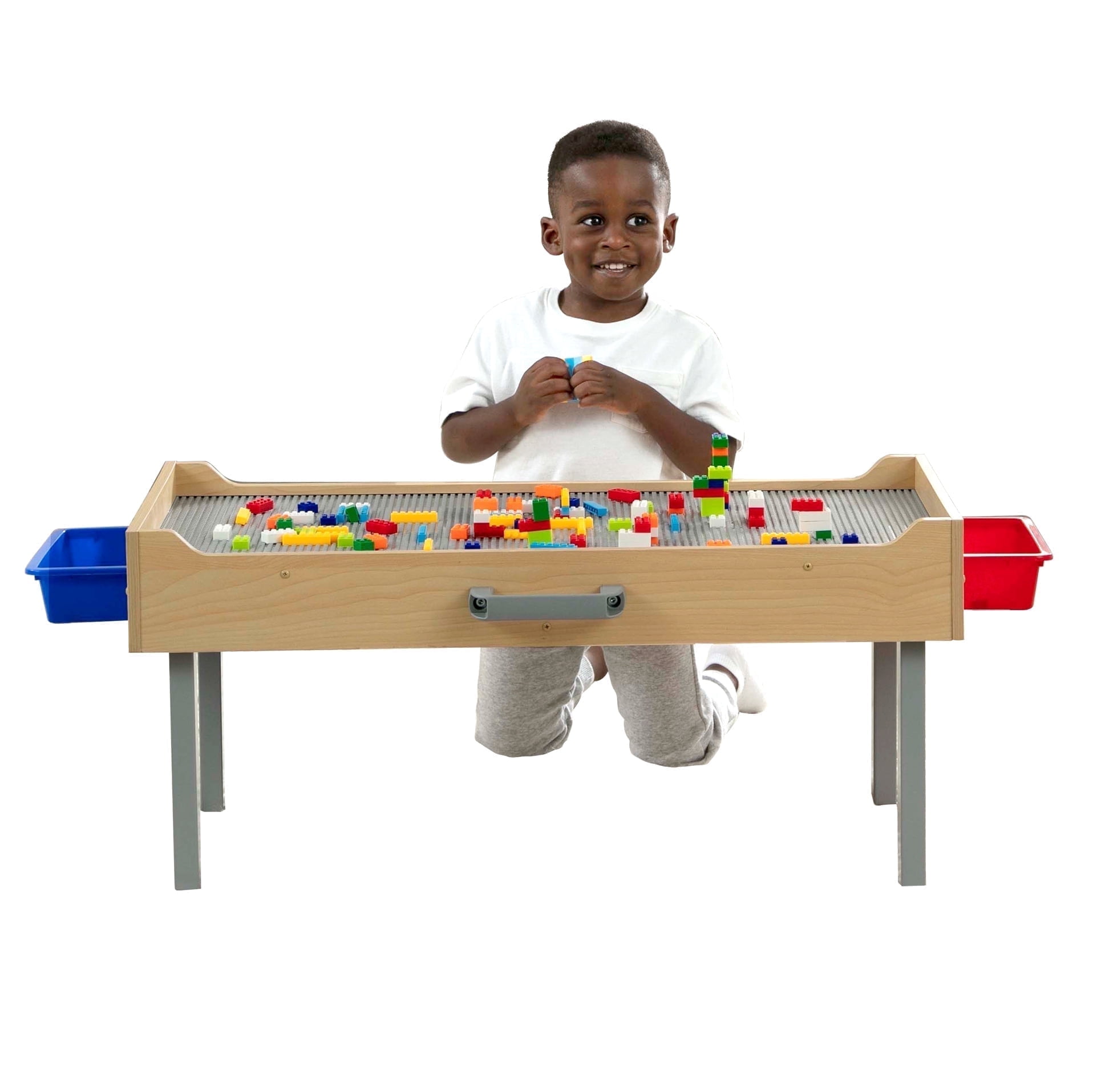 Delta Children Wooden Play N Store Building Bricks Play Table with 100+ Play Bricks Included - Large Brick Plate Compatible with LEGO, MegaBlocks & More - Legs Fold for Easy Under Bed Storage, Grey