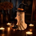thumbnail image 4 of Halloween Ceramic Ghost Walking Puppy Statue with Witch Hat, Glossy Resin Tabletop Halloween Decoration, 4 of 6