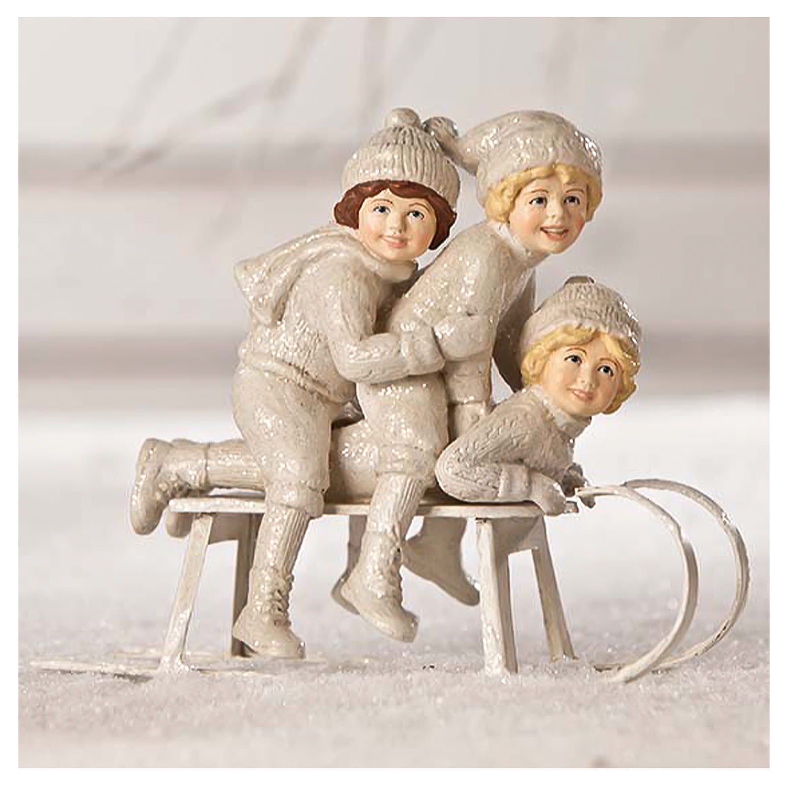 Bethany Lowe 6" Children Sledding Winter White Christmas Holiday