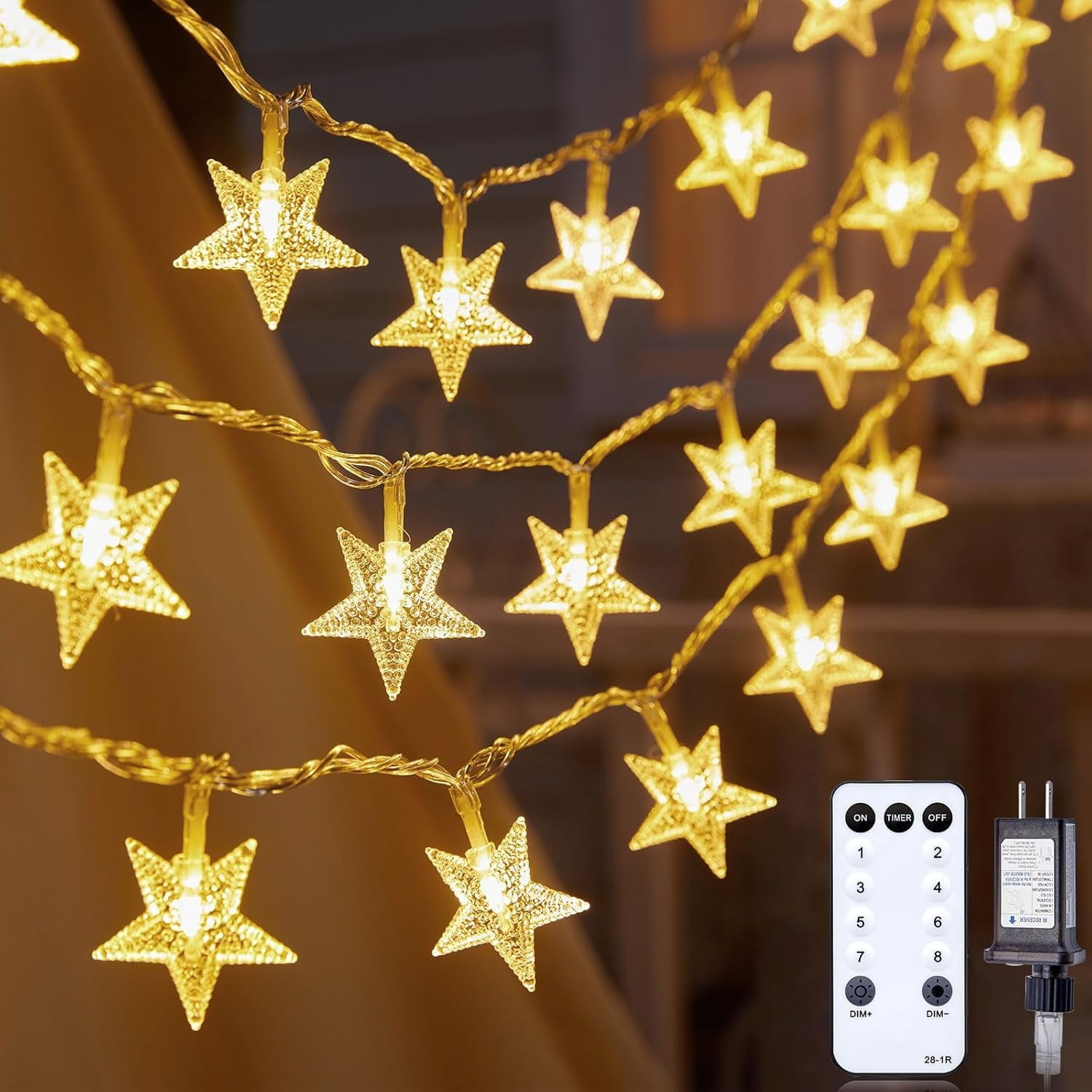 PLERISE Star String Lights 33ft 100 LED Plug in Star Fairy Lights with Remote & Timer Waterproof Warm White for Bedroom Porch Wedding Party Patio Garden Indoor Outdoor Decor