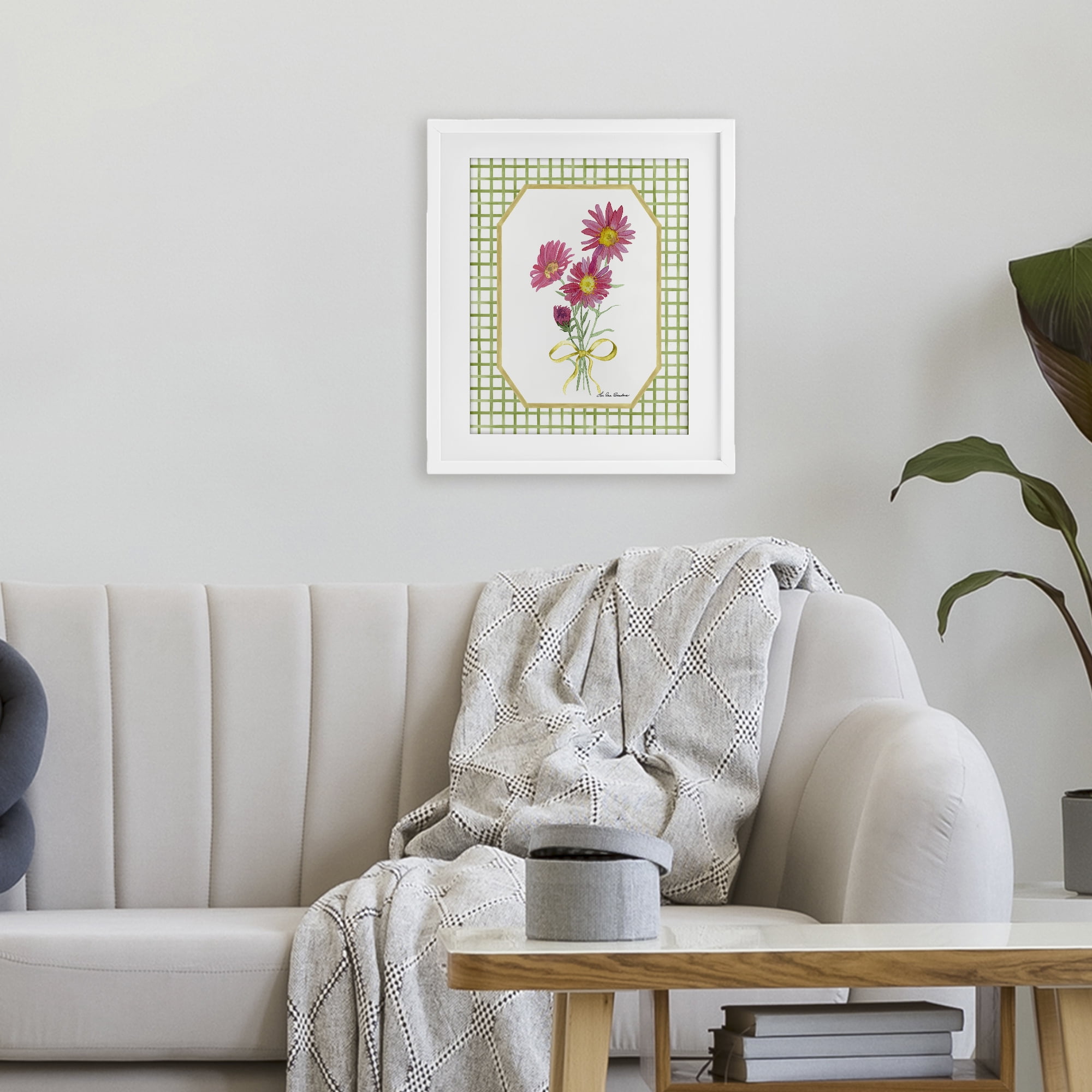 Botanical Story on Gingham White Framed Print Under Glass, design by Lee Ann Sanders