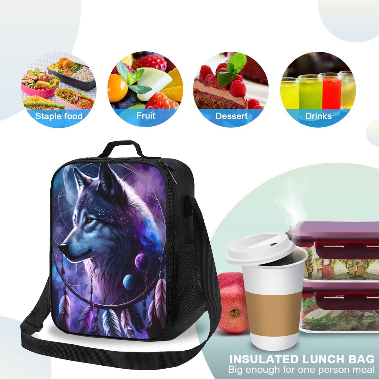 Ratiio Feathered Wolf Print Lunch Box - Reusable Lunch Bag Men Adult Women- Insulated LunchBox