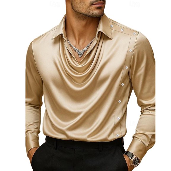 DIOAZUD Men's Satin Shirts Cowl Neck Long Sleeve Tops Solid Color Soft Comfy Top Loose Fit Business Casual Shirt