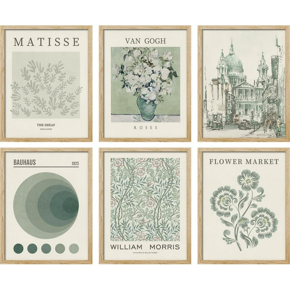 PixonSign Framed Canvas Print Wall Art Set - Rose Flower Bouquet in Vase Pattern Posters - Set of 6 Vintage Retro Antique Mixed Media Country Cultural Art Wall Décor - 8"x10"x6 Natural