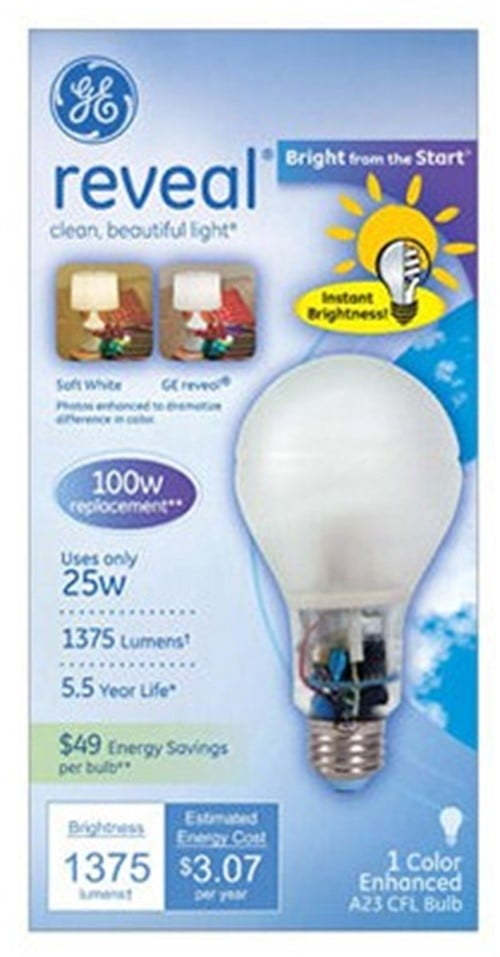 6 Pack GE 95143 Reveal Hybrid Cfl 25w A23 Light Bulb-Bright From The Start 