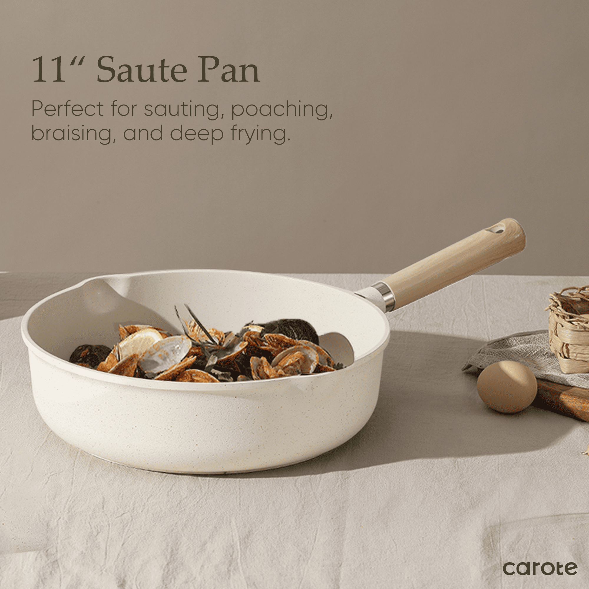 Carote 11" Nonstick Saute Pan With Lid Cover Non-Stick Deep Frypan With Induction, Bon Appetit, White Granite, 5QT