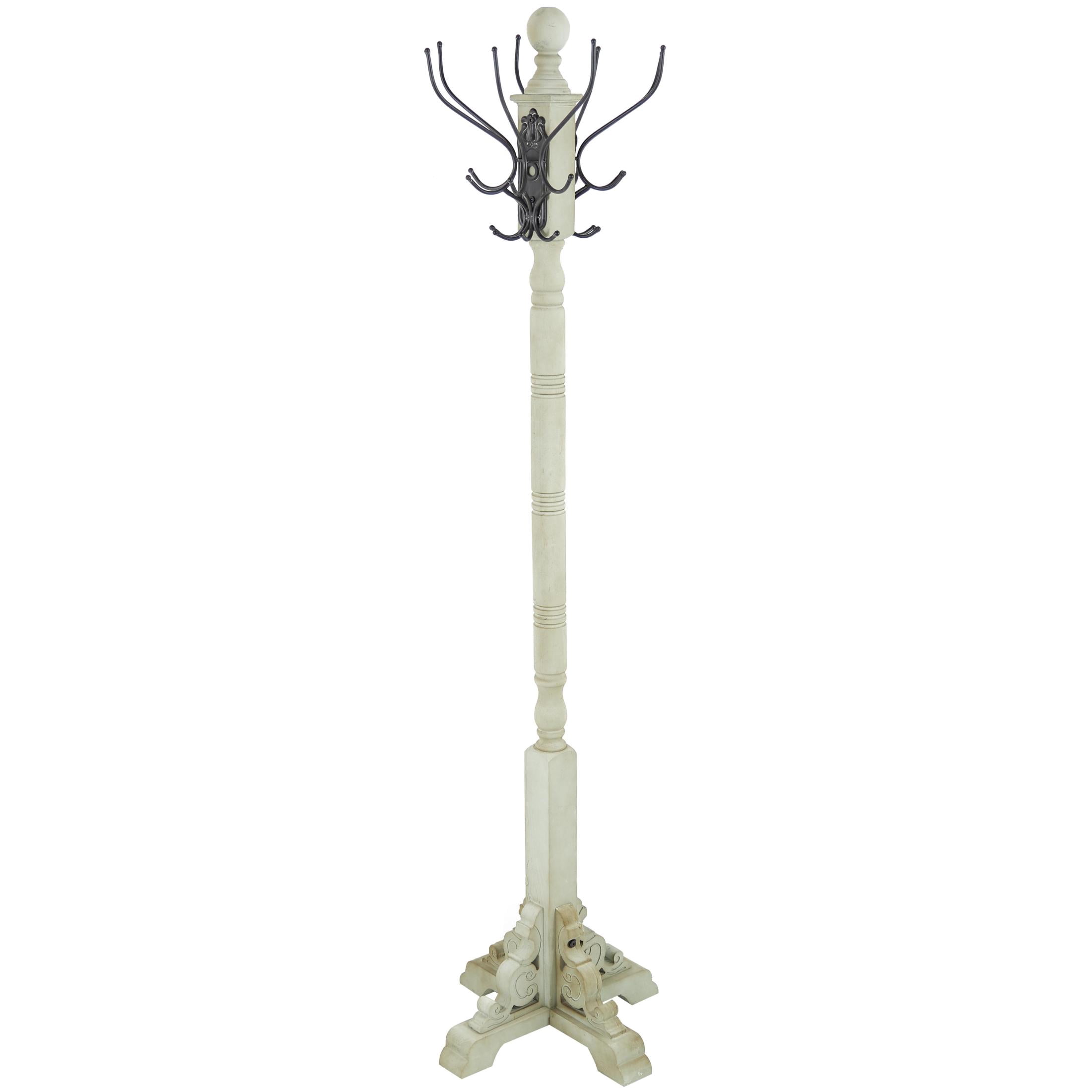 DecMode 19" x 74" Gray Wood Scroll Vintage Style 12 Hook Coat Rack with Black Metal Hooks, 1-Piece