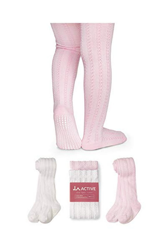 Baby Tights - 2 Pairs - Non Skid/Slip Cable Knit (White & Pink, 0-3 Months)