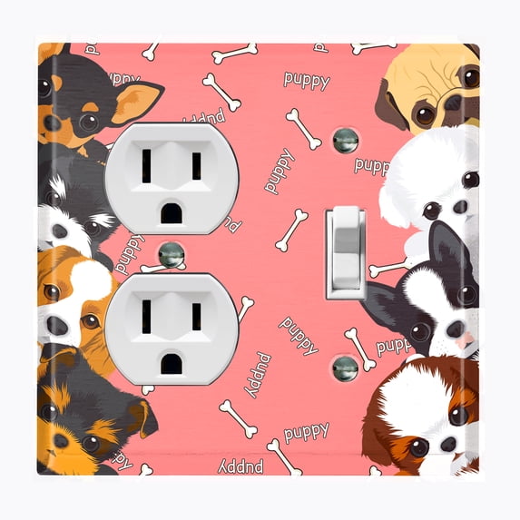 Metal Light Switch Plate Outlet Cover (Cute Tcup Dog Pink - Single Duplex Single Toggle)
