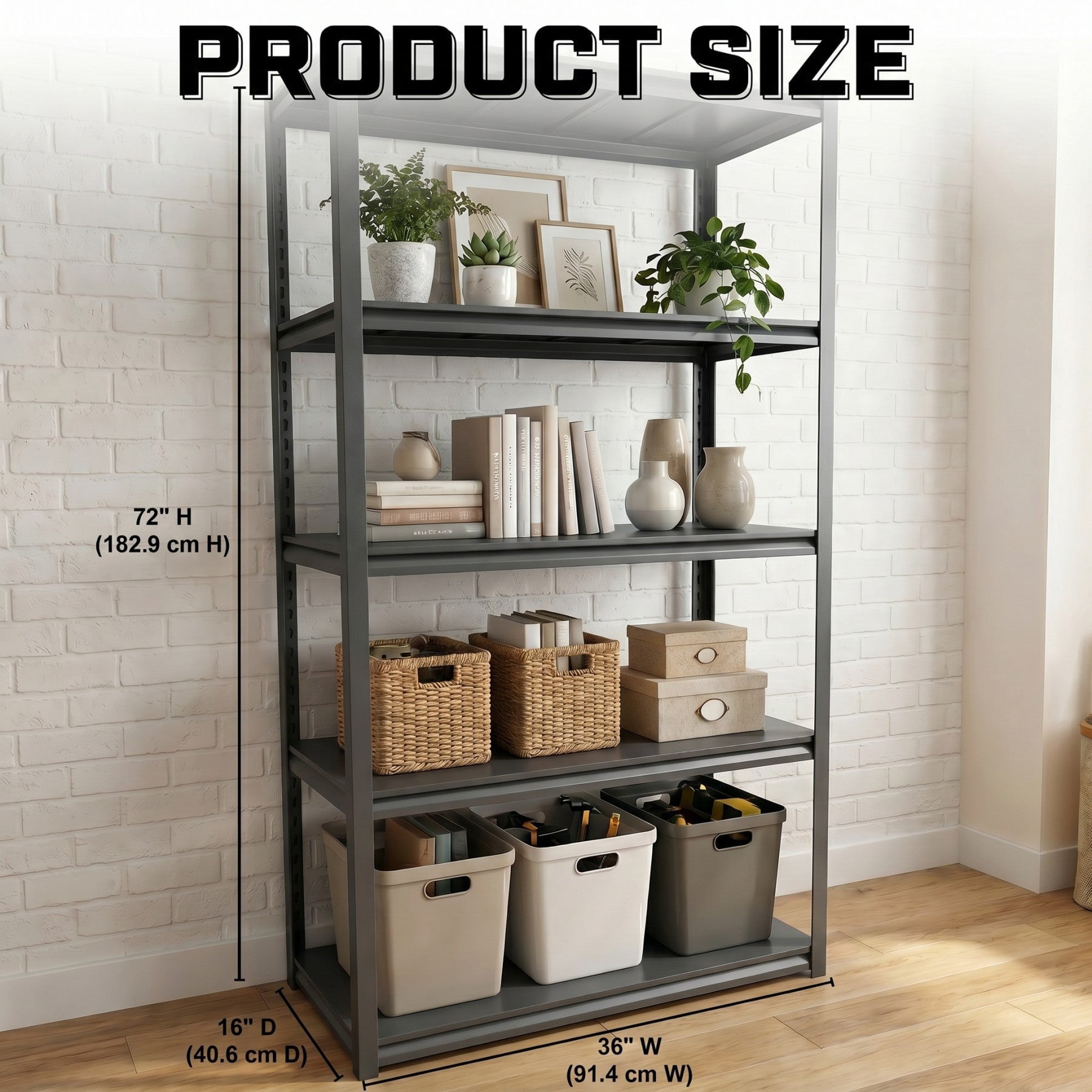 Sailvan 1650LBS Heavy Duty Garage Shelving, 5-Tier Adjustable Metal Storage Shelves, Industrial Steel Utility Rack, 36"W x 16"D x 72"H,Black