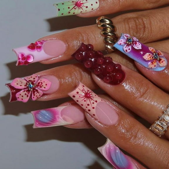 24Pcs Flower Press On Nails Full Coverage Floral Designs False Nails Long Square Artificial Nails For Women And Girls