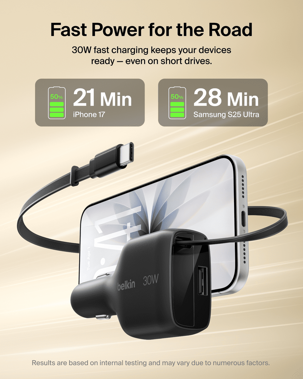 Belkin BoostCharge 30W USB-C Car Charger with Retractable USB-C Cable Fast Car Charging Adapter USB-C Power Delivery iPhone & Android Car Charger