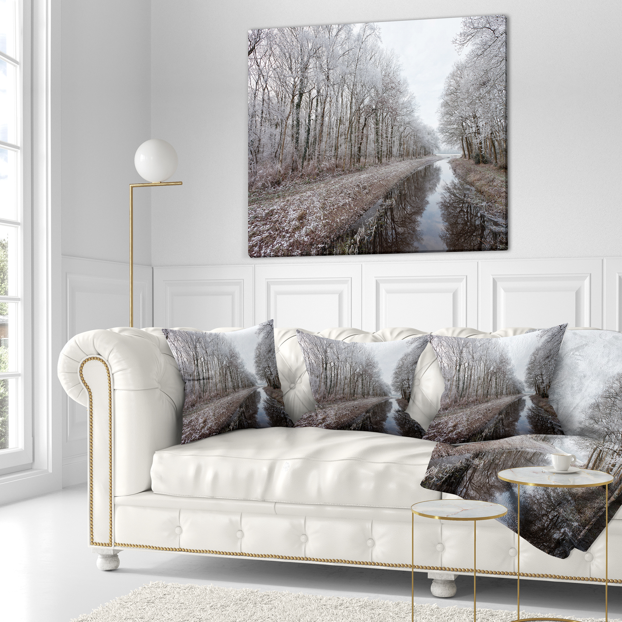 Designart Trees in White Winter Landscape - Landscape Printed Throw Pillow - 18x18