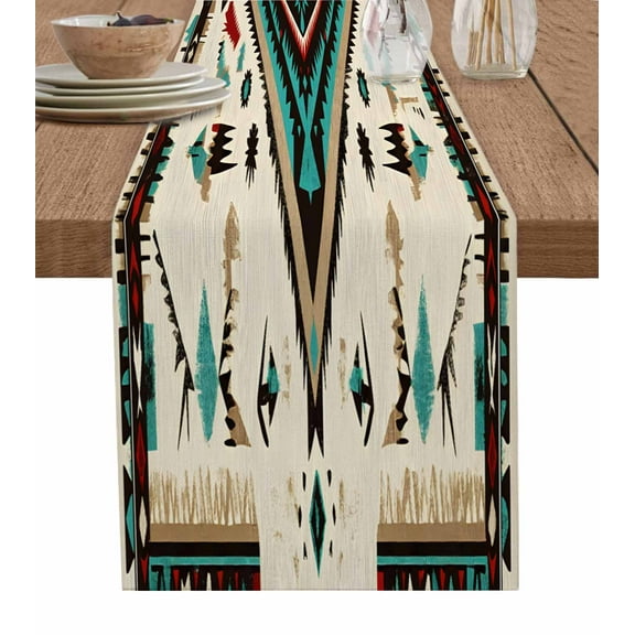 Southwest Table Runner-Cotton Linen- 90 Inch Holiday Dresser Scarves, Aztec Farmhouse Rustic Boho Tribal Geometric Tablerunner for Kitchen Coffee/Dining Bedroom Living Room Dinner Scarf Décor 13x90