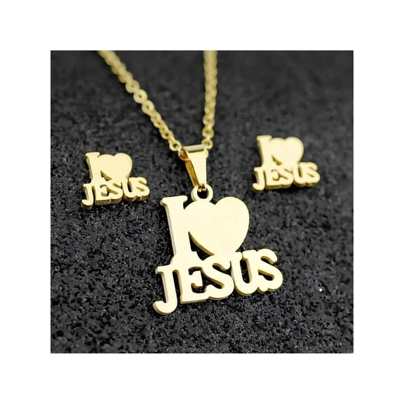 Silver I Love Jesus Pendant Necklace And Earrings Set In Yellow Gold Tone