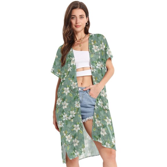 Beach Vacation Clothes Kimono Cardigan Loose Swimsuit Cover Up for Women Jasmine Blossoms with Leaves S