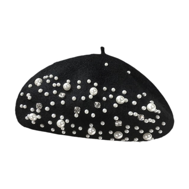 Boina para mujer portátil de otoño para hombres y mujeres, gorro moderno con perlas y diamantes de imitación. Negro