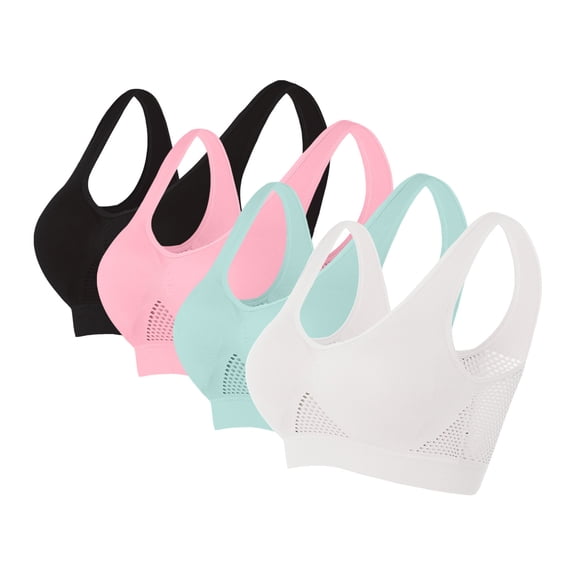 Xfvqtps 4PC Sports Bras for Women Breathable Mesh Back Hollow out Standard Strap Padded Elastic Pullover Color Block Comfortable Yoga Bra Multicolor-07