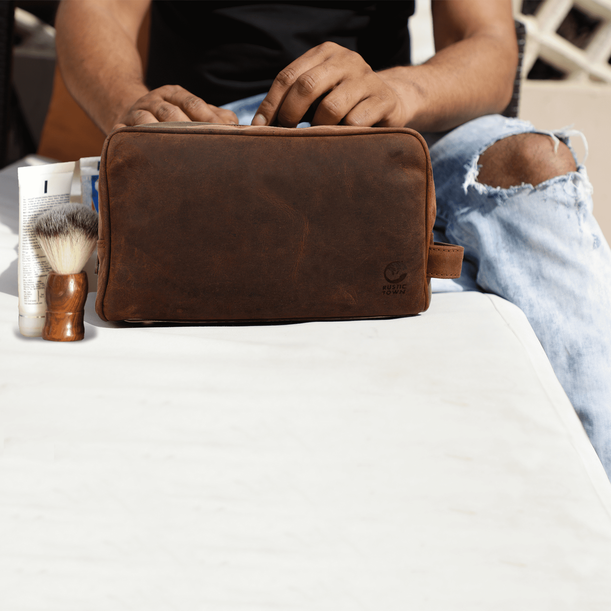 Leather Toiletry Bag for Men Women Hygiene Organizer Travel Dopp Shaving Kit Cosmetic Makeup Bag by Rustic Town