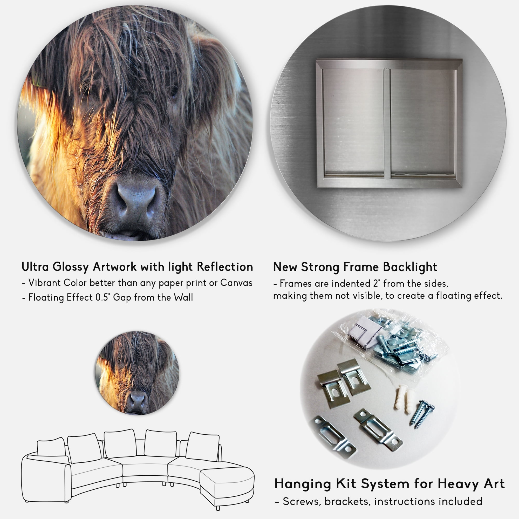 Designart 'Close Up Of Scottish Cow On Moorland III' Farmhouse Circle Metal Wall Art 29x29 - Disc of 29