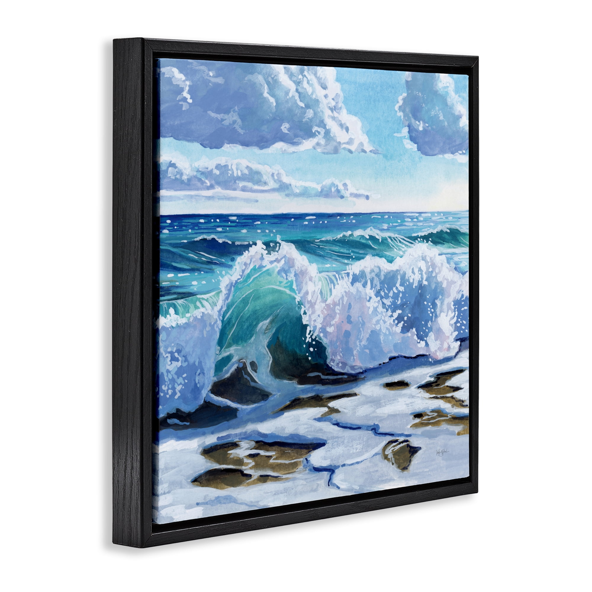 Stupell Industries Curling Aqua Wave on Shore Black Framed Floater Canvas Wall Art, design by Kate Jarvik Birch