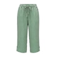 thumbnail image 4 of Ynynloco Women 100%Cotton Drawstring Elastic Waist Capri Pants Casual Side Pocket Button Split Hem Loose Fit Solid Color Summer Trousers, 4 of 6
