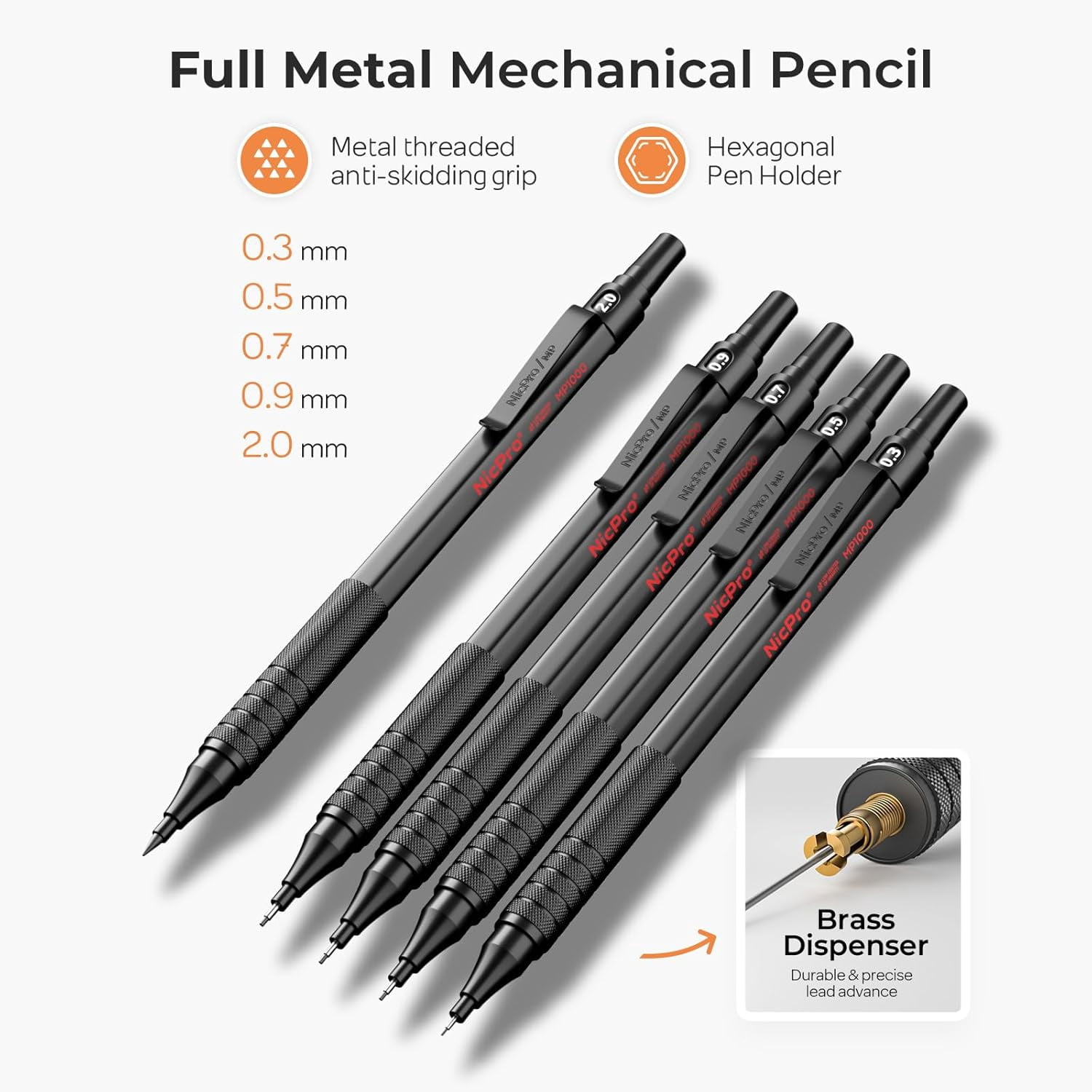 Nicpro 5 Pcs Black Metal Mechanical Pencil Set in Leather Case, 0.3, 0.5, 0.7, 0.9 mm & 2mm Lead Pencil Holders, 9 Tube (4B 2B HB 2H) Lead Refills, Erasers for Art Drafting Sketching Drawing