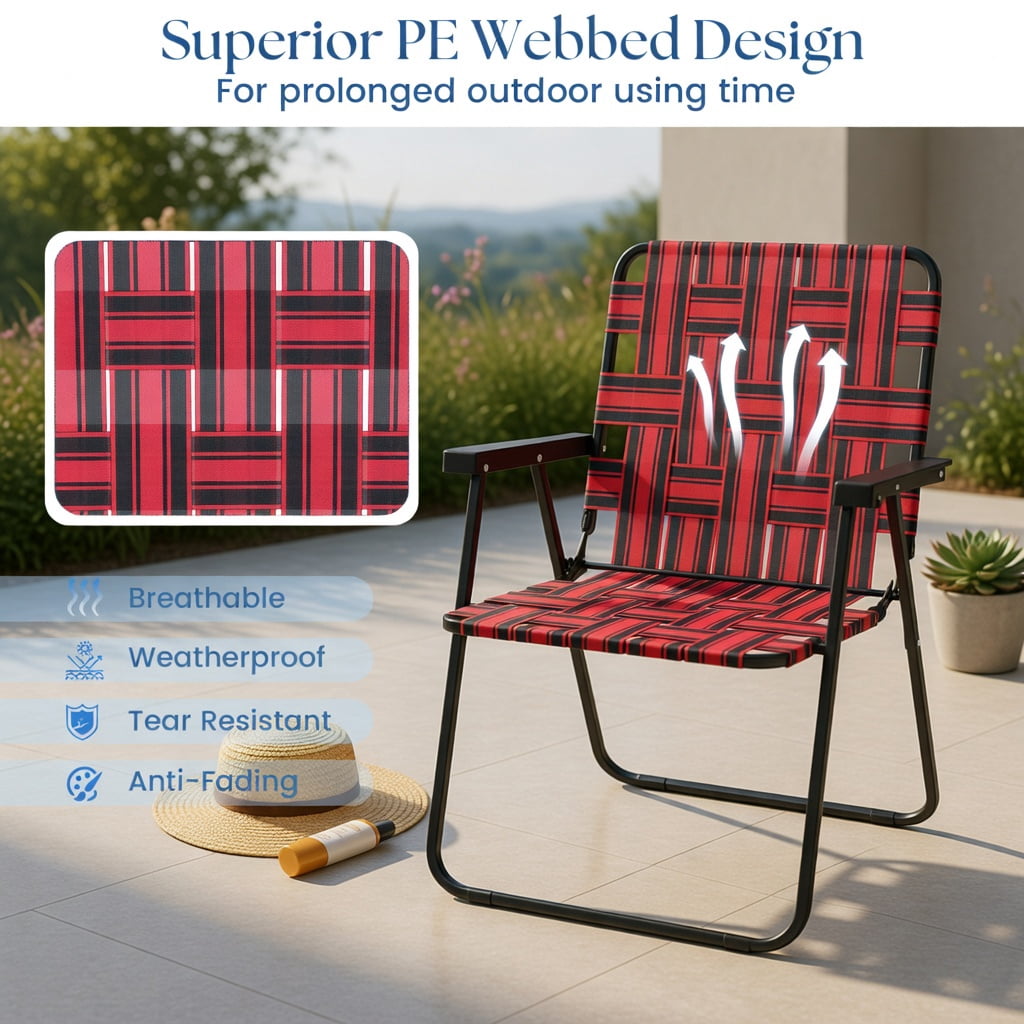 Hommoo 2-Pack Foldable Beach Chairs for Camping, Lawn & Outdoor Use, Rust-Resistant Steel Frame, Fade-Proof PE Webbing, Lightweight & Portable, Red