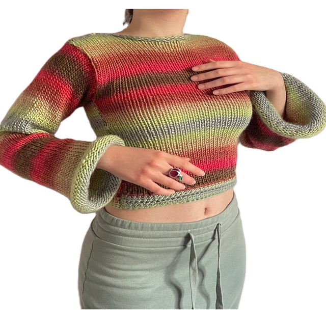 Femmes Pull Crop Top Y2k Tricot Crochet Pull-Over Manches Longues