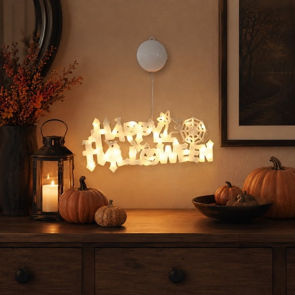 MInHoues Happy Halloween LED Light Sign, Glowing Letter Hanging Ornament, Halloween Themed LED Lighted Sign for Window, Table, Wall, Indoor Party Home Decoration