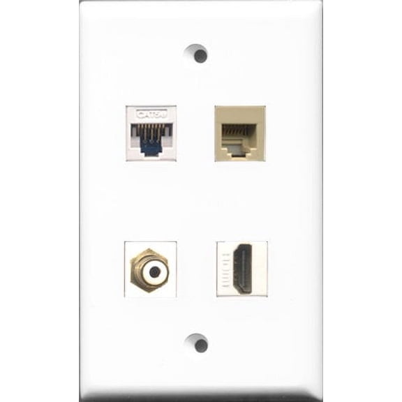RiteAV 1 Port HDMI and 1 Port RCA White and 1 Port Phone RJ11 RJ12 Beige and 1 Port Cat5e Ethernet White Wall Plate