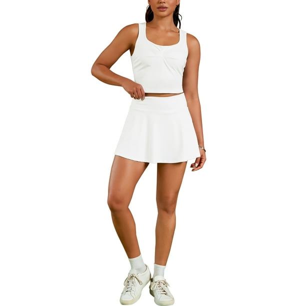 Conjunto de dos piezas sin mangas ATHLECHIC, falda de tenis con fruncidos y top corto, y skort plisado M Blanco