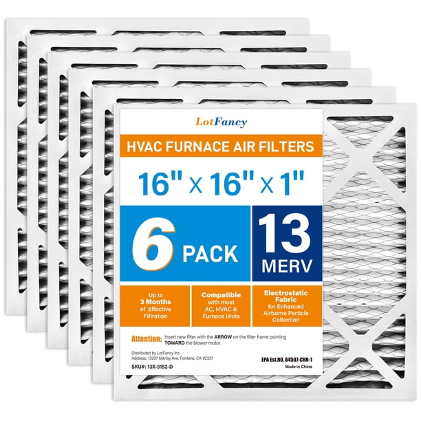 LotFancy Filtros de Aire 16x16x1, Filtros de Aire para Horno HVAC AC Plisados MERV 13, Paquete de 6