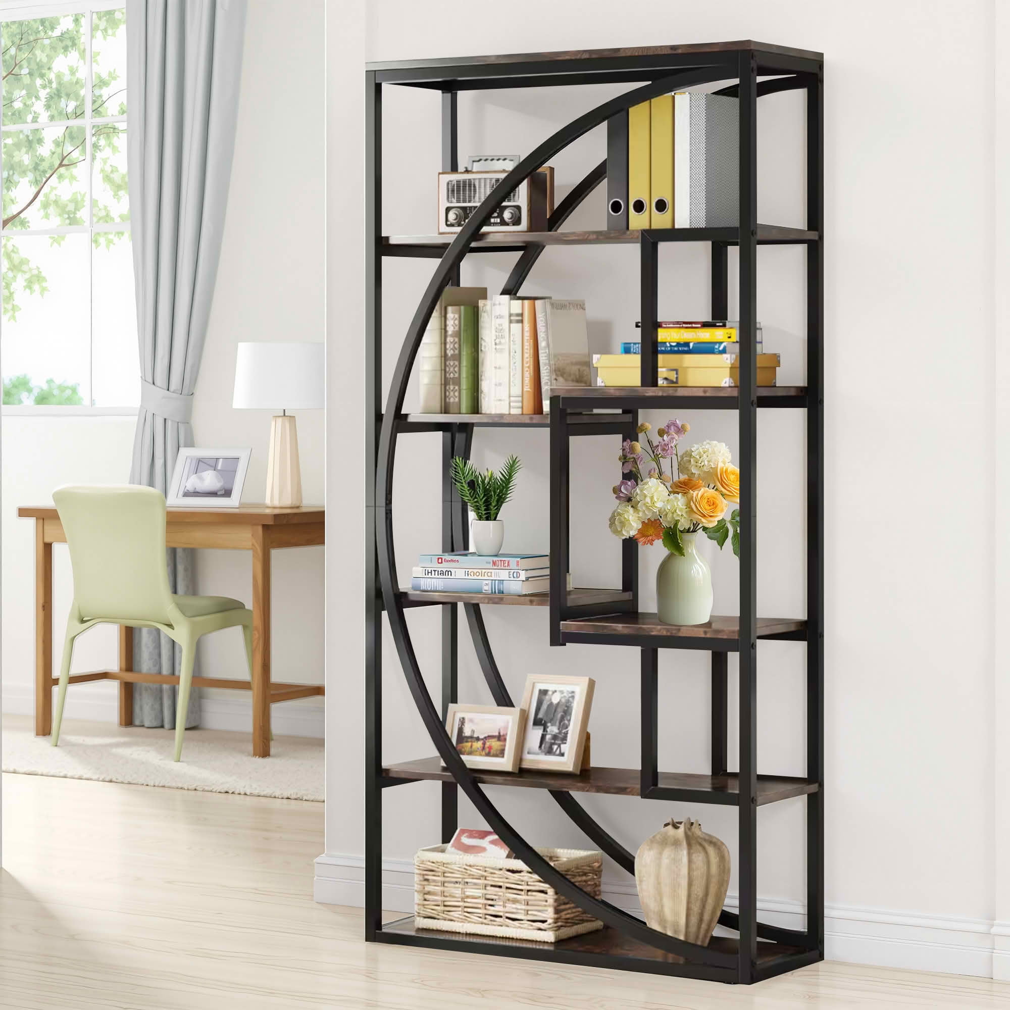 MAYEERTY 70.8 Inch Tall Modern Geometric Bookcase, 5-Tier Etagere with 8 Open Storage Shelves, Gray Wood & Black Metal Frame Display Rack for Living Room Bedroom Home Office
