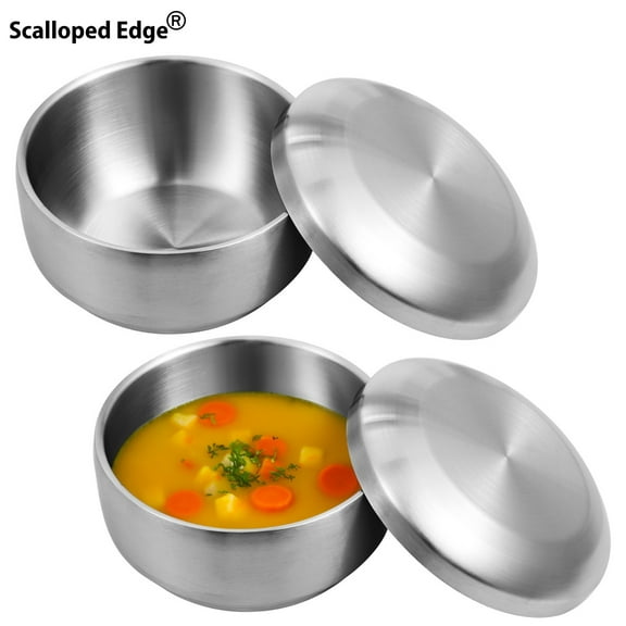 2 PCS Stainless Steel Rice Bowl with Lid,5.1 Inch Double-Walled Insulated Metal Bowls,Food Bowls for Korean Kitchen Restaurant,Multi-Purpose Insulated Soup Bowls Snacks Bowls,Silver