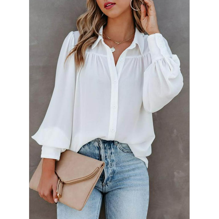 FARYSAYS Long Sleeve White Blouse for Womens Flowy Tops White Button Down  Shirt Womens Tops Dressy Casual Blouses for Women Trendy Tops for Teenagers