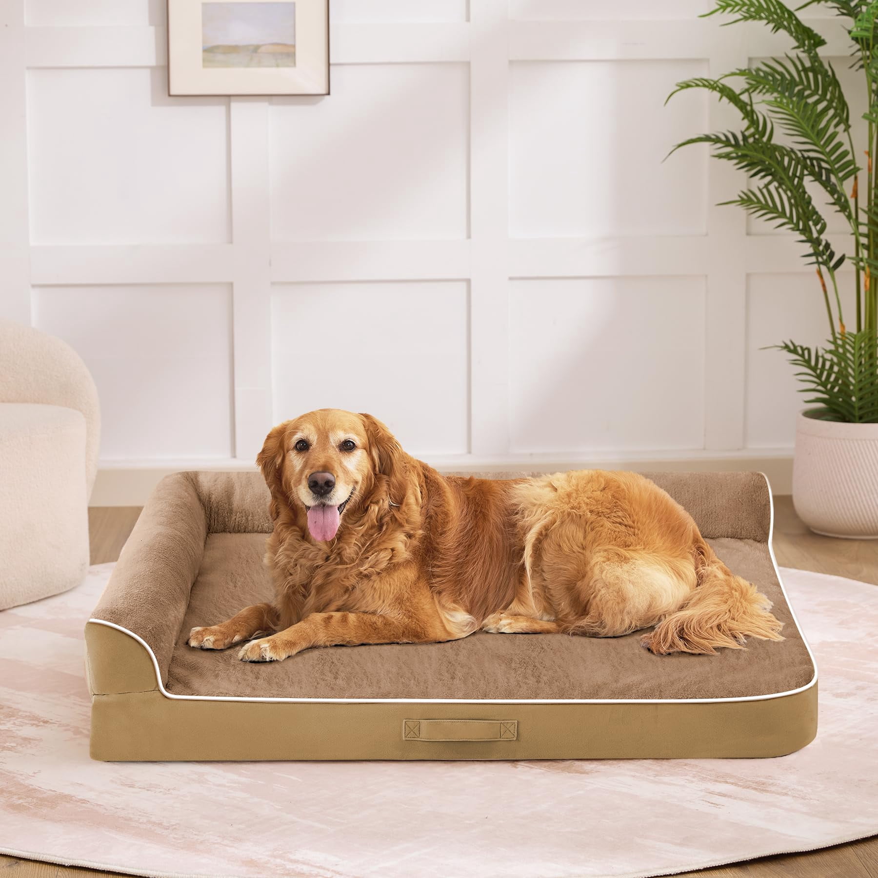 Dog Bed Large Sized Dogs  For Waterproof Pet With Washable Removable Cover L-shaped Couch Portable Handle 36"x27"x6.5" Camel