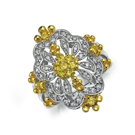 Silver Plated Fashion Ring Antique Style Filigree Canary Yellow CZ Fashion Full Finger Armor Statement Ring For Women Silver Plated Brass ()