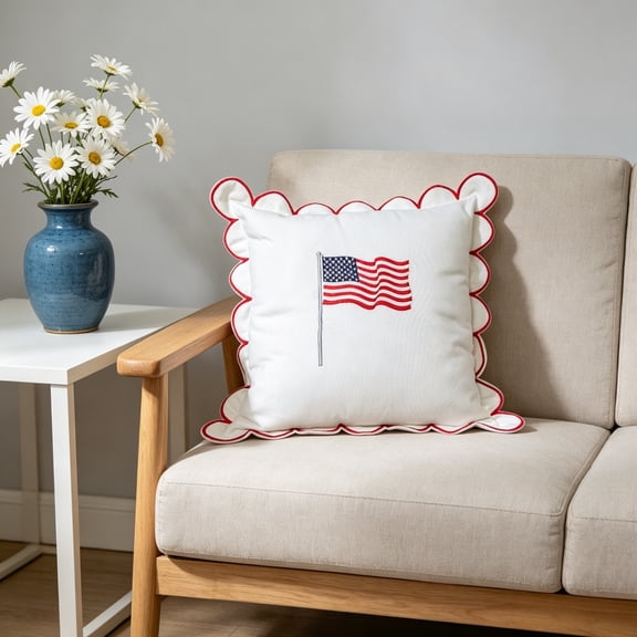 Yardvibe Patriotic Throw Pillow, 19.68"x19.68" Embroidered American Flag Scalloped Pillows for 4th of July Independence Day, Perfect for Home Sofa Couch Decor (A)