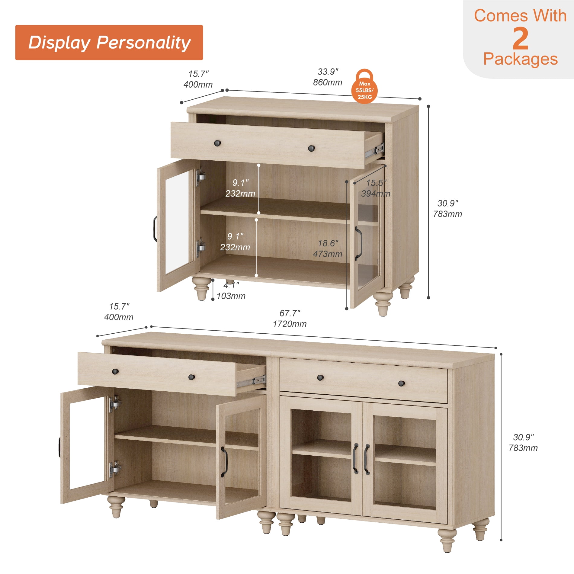 TV Stand For 75 Inch TV Inch TV, 2-In-1 TV Console Table For 43/50/60/75 Inch TV, Entertainment Center With 2 Drawers And 6 Doors, Beige