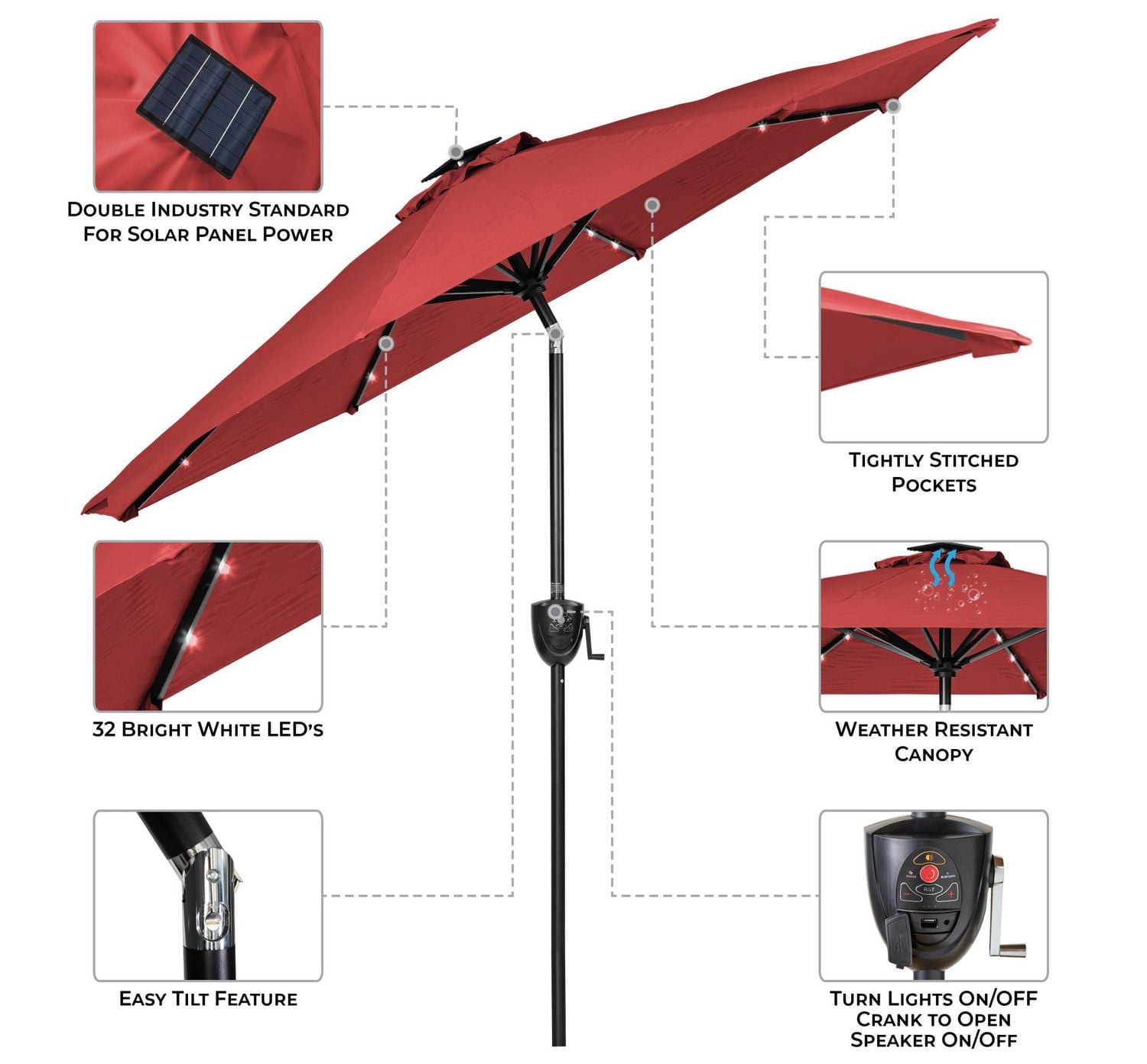 Sun-Ray 9' Round Solar Lighted Umbrella with Built-In Bluetooth Speaker - Scarlet