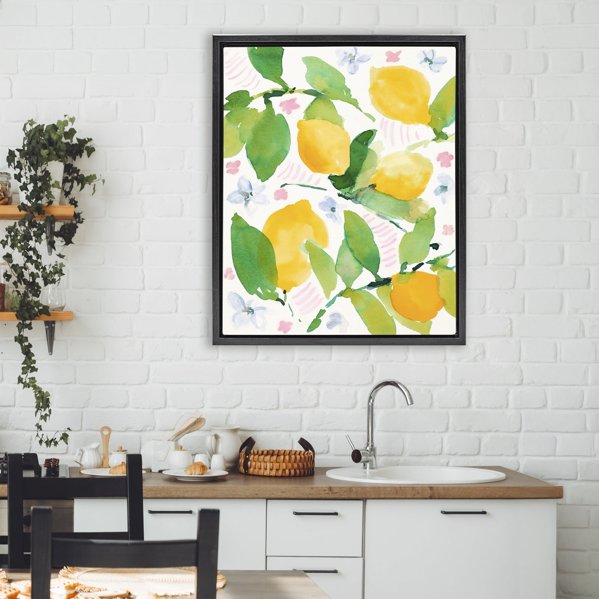 Stupell Industries Garden Lemons with Pastel Florals Black Framed Floater Canvas Wall Art, design by Lanie Loreth