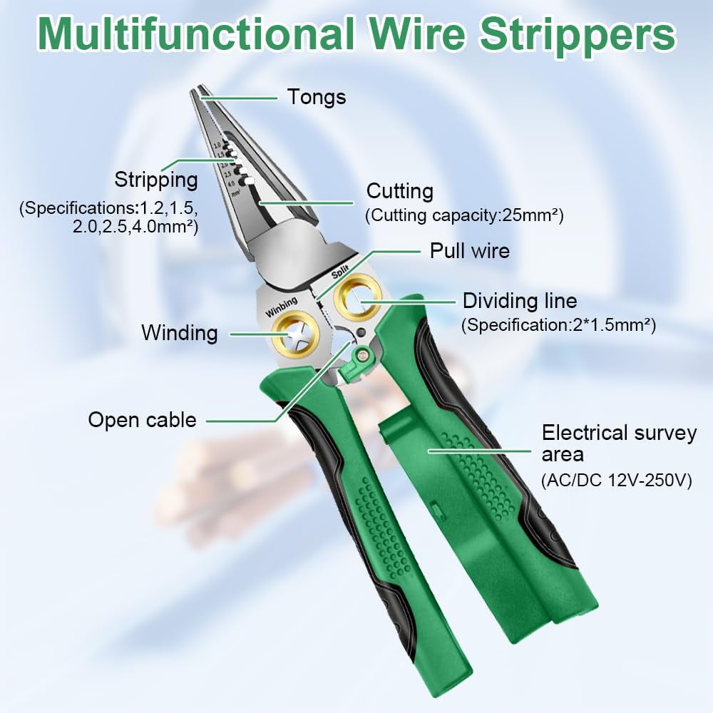 8 IN 1 Wire Strippers Twister with Electricity Measurement Function,Multifunctional Wire Stripping Pliers for Cutting and Pulling Wires Cable Scissors,Scraping and Pressing with Voltage Test (Red)